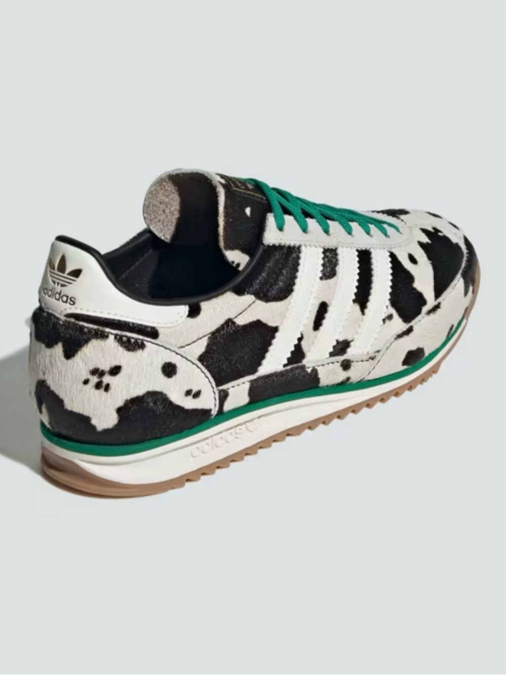 adidas Cow Print SL 72 OG black and white animal-pattern green laces